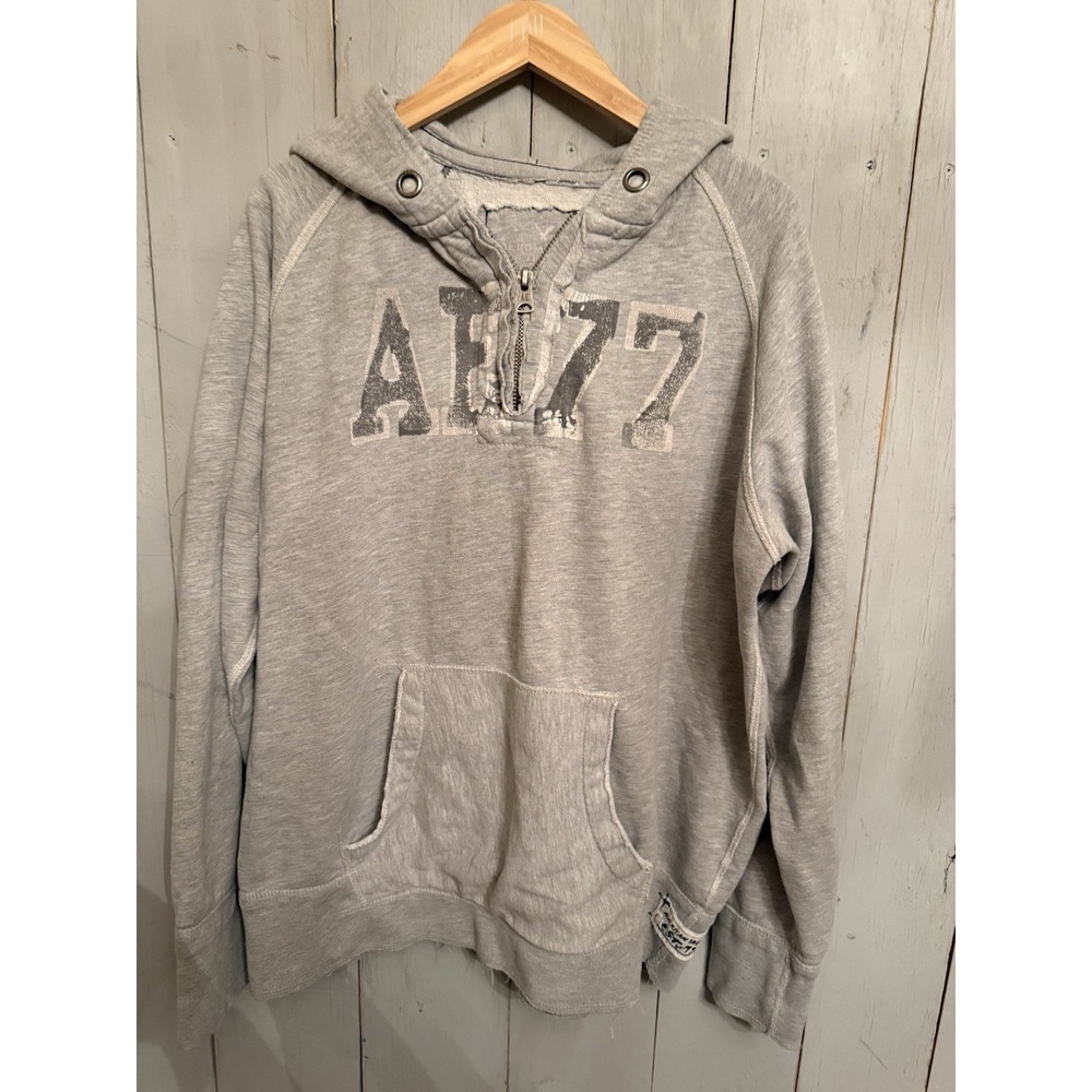 Vintage Y2K American Eagle‎ 77 Hoodie Men's XL Gray Quarter Zip Distressed